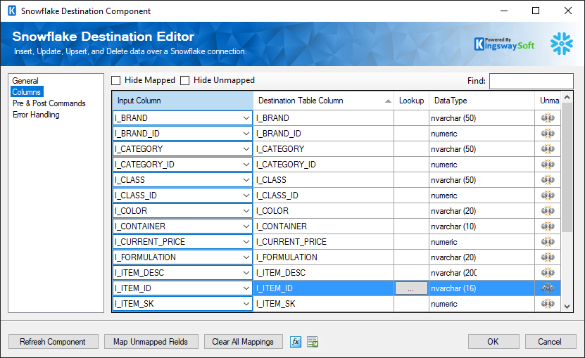 Snowflake Destination - Columns Page